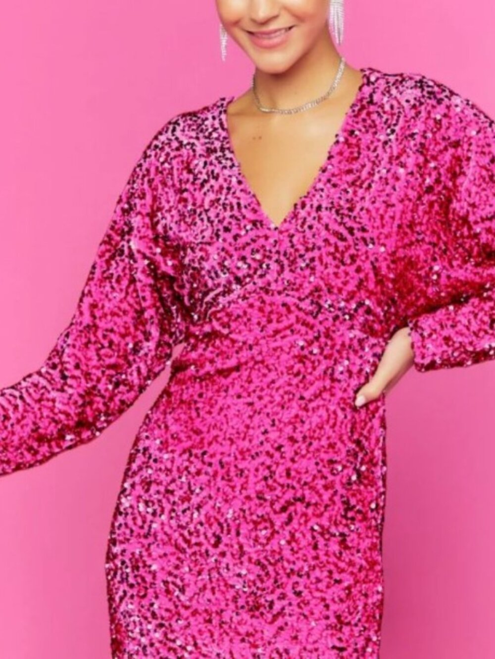 Forever 21 Hot Pink Sequin V-Neck Long Sleeve Mini Dress - Picture 2 of 8